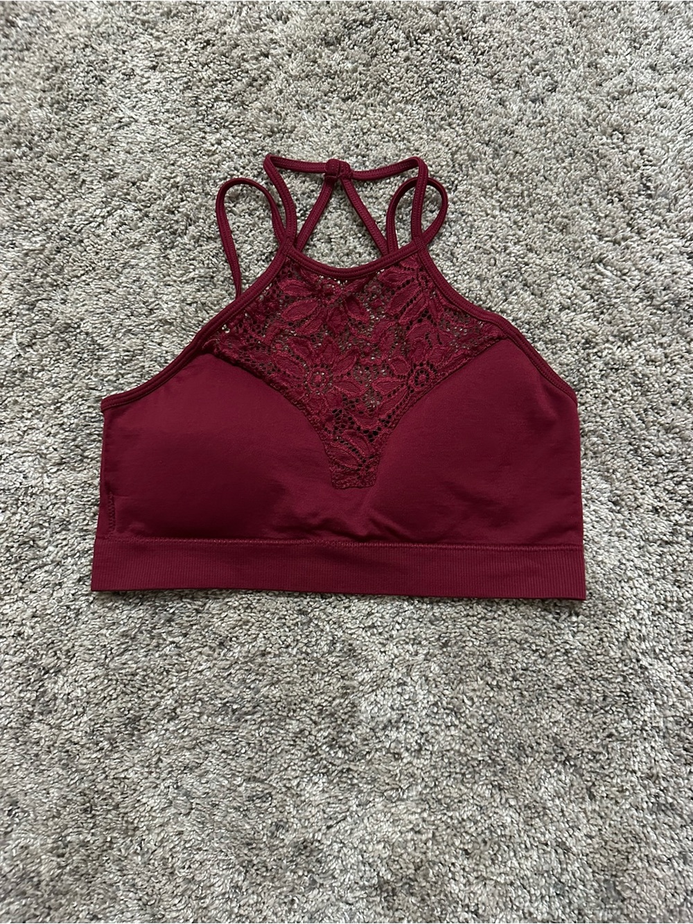 Lace-Trim High Neck Bralette - Wine